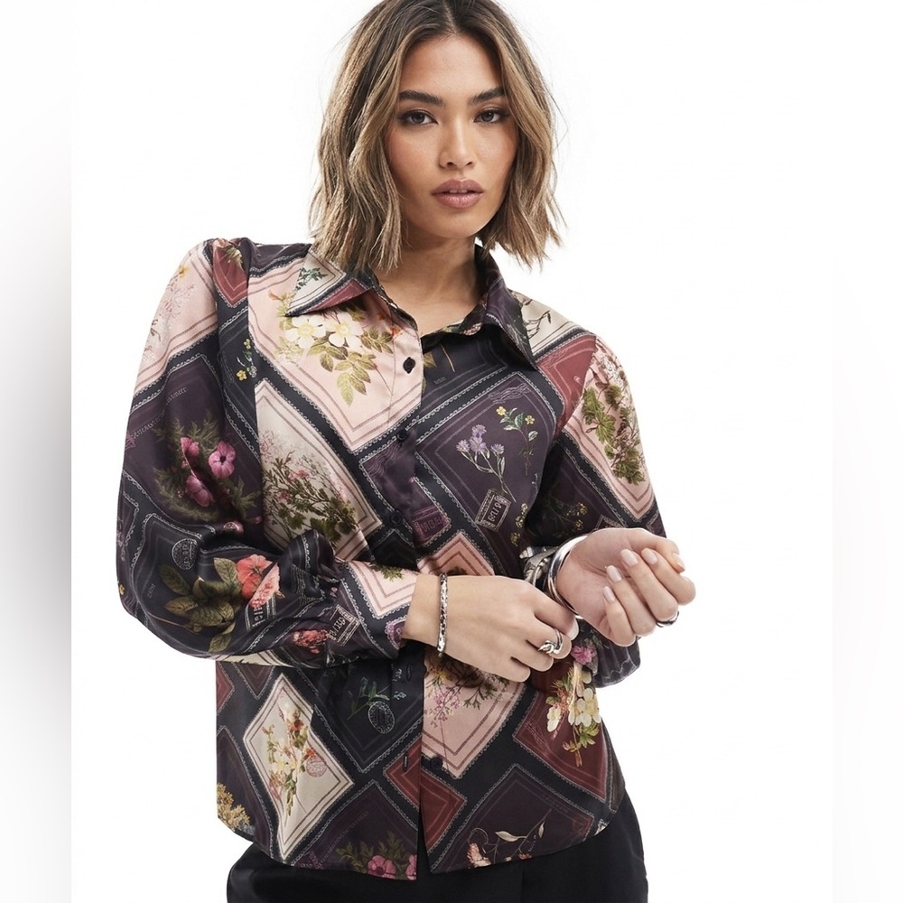 ASOS Miss Selfridge Postcard Print Long Sleeve Shirt Multi Floral US 6‎ NEW